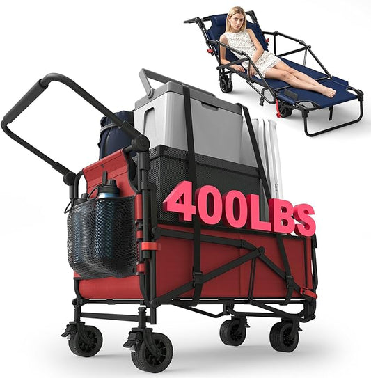 LEVELEVE Heavy Duty Folding Wagon - 2-in-1 Collapsible Cart, 400lb Capacity, All-Terrain Wheels w/Brakes & Side Pockets (Red)