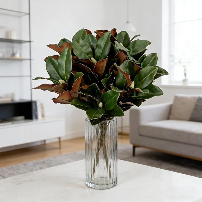 4PCS 29.5 Inch Magnolia Artificial Leaves Branches 3D Real Touch 64 Leaves Bulk Faux Magnolia Stems for Indoor Outdoor Vase Filling Home Wedding Floral Arrangement Decoration