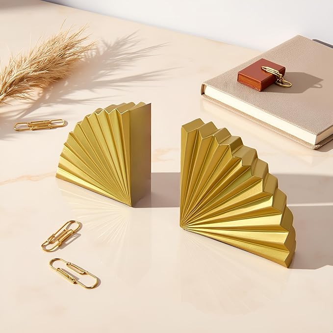 Golden Fan Shape Bookends Set of 2 – Elegant Resin Decorative Book Stoppers, Heavy Duty Modern Book Ends for Home Office Bookshelf Decor