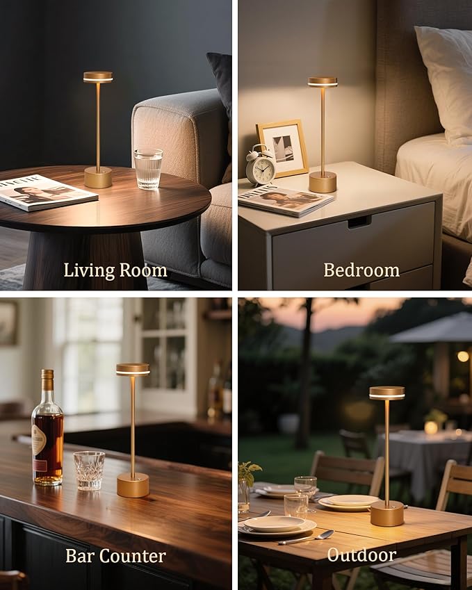 2 Pack LED Cordless Table Lamp Rechargeable, 5000mAh Portable Battery Operated Desk Touch Lamp, 3 Color Dimmable Table Light for Home Office/Dining/Nightstand for Home Décor – Champagne Gold