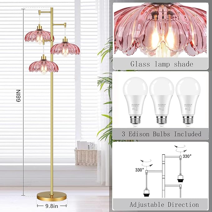 ZECOXOL Vintage Floor Lamps for Living Room Bedroom-3 Light Glass Floor Lamp with Three Led Bulb, Modern Mid Century Standing Lamp Brass Tall Lamp Gold Tree Floor Lamp for Bedroom Corner