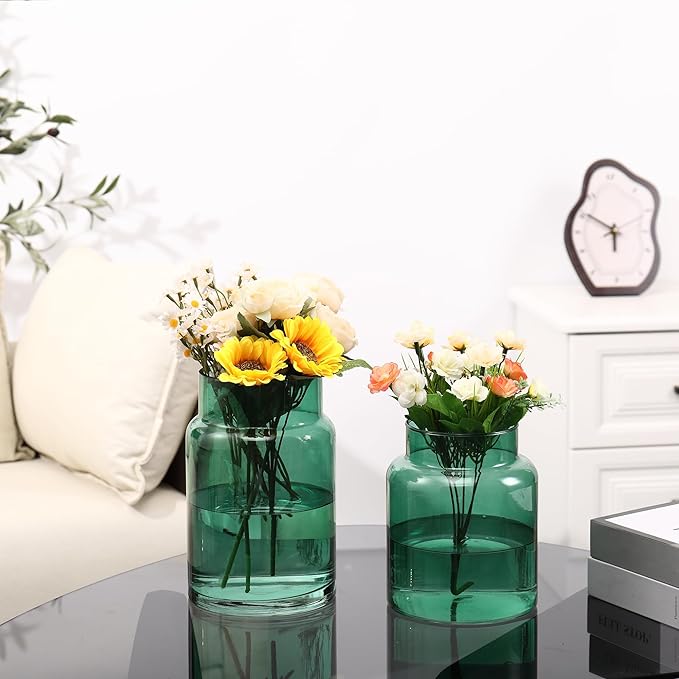 Large Glass Vase, Green Glass Vase Set of 2, Large Flower Vases for Bouquet, Tall Wide Mouth Vases for Flowers, Home, Wedding, Living Room, Office Decor, 7"+9"