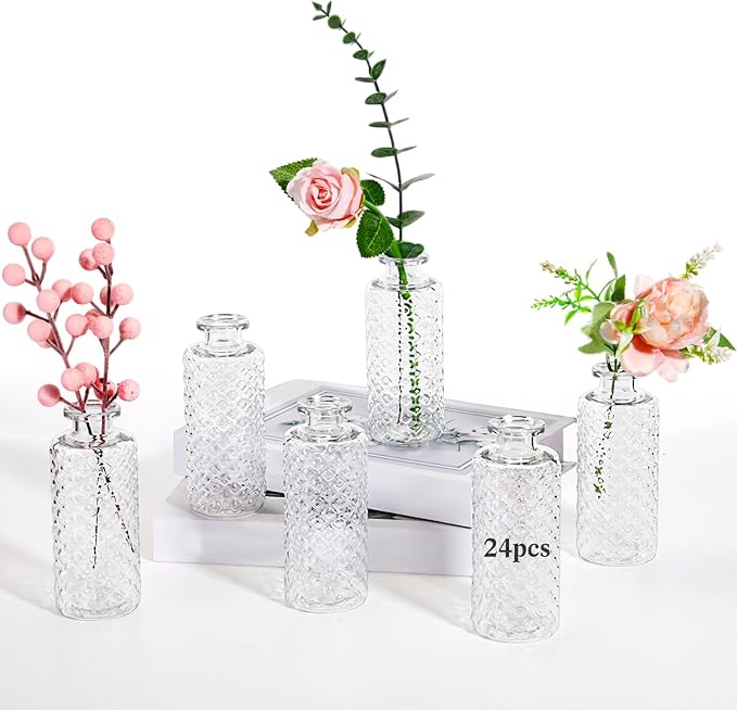 Honeydak Set of 24 Plastic Mini Bud Vases, Vintage Clear Decorative Vases Bulk for Table Centerpieces, Wedding Reception, Baby Shower, Home Decor, Housewarming Gift(Micro-Diamond)