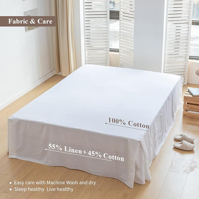 BISELINA French Linen Bed Skirt with Pleated Corner 18-Inch Tailored Drop Natural Flax Cotton Blend Basic Dust Ruffle Soft Cozy Farmhouse Bedding (18" Queen, Basic White)