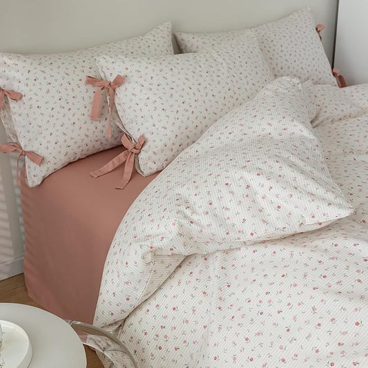 Pink Flower Duvet Cover Twin Vintage Floral Pink Stripes Duvet Cover Cotton Floral Blossom Comforter Cover Cottagecore Bedding Sets with 2 Bowknot Pillowcases Girls Botanical Floral Duvet Cover Set