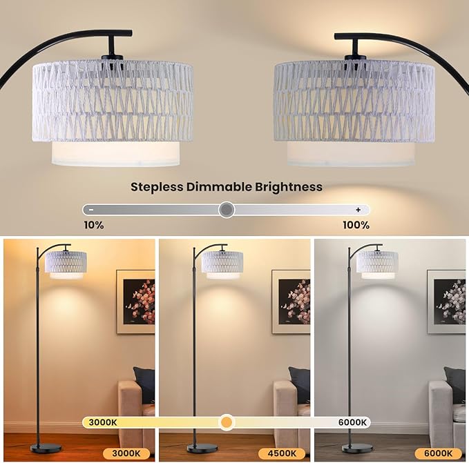 Yusist Arc Floor Lamp for Living Room,Farmhouse Floor Lamps with Remote Control & Dimmable Bulb,White Rattan Boho Tall Standing Lamp for Bedroom Office
