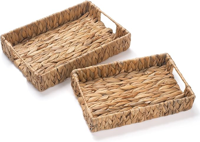 2 Pack Water Hyacinth Tray with Handles, Rectangular Wicker Serving Tray, Woven Serving Basket for Coffee Table, Bathroom, Living Room, Kitchen