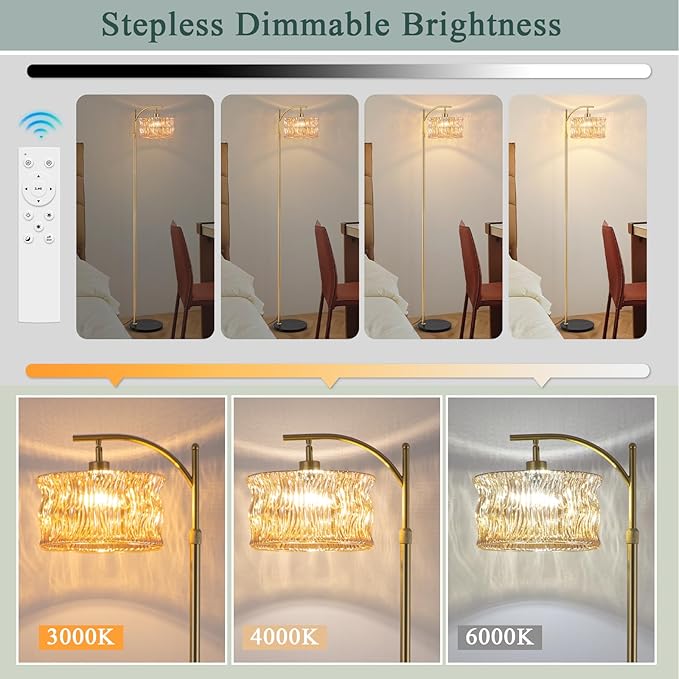 JERANDO Vintage Gold Floor Lamp for Living Room, Amber Glass Lampshade Modern Standing Lamp with Remote, Mid Century Dimmable Tall Lamp for Bedroom, Study Room (Bulb Included)