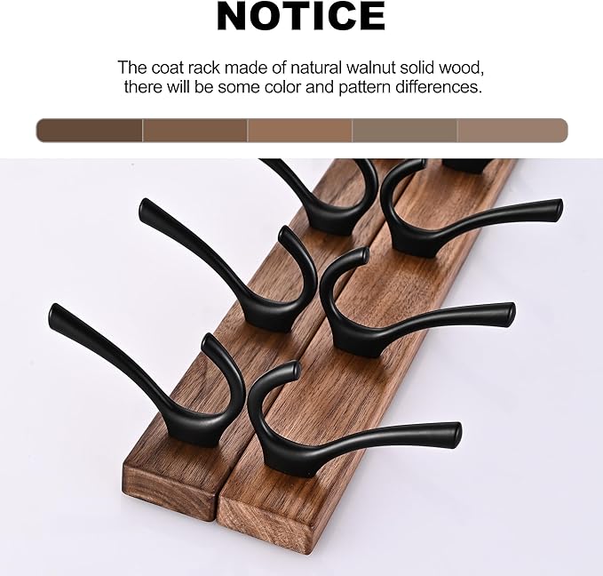 2 Pack 17.3" Small Walnut Wood Coat Rack Wall Mount with 4 Hooks, Heavy Duty Wooden Jacket Hanger Door Mounted for Decorative Entryway and Bathroom Hanging Towel Backpack Purse Clothes Hat Key