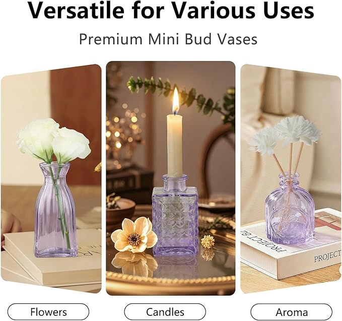 RUCKAE Purple Flower Vase in Bulk 22 Glass Bud Vases Vintage Small Vases for Centerpiece Table Wedding Decorations Home Decor Party (Purple 22 Pack)