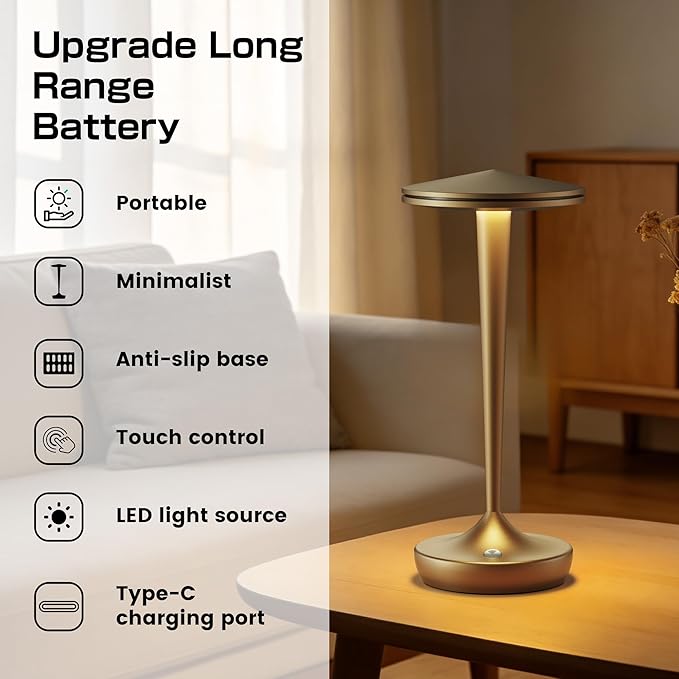 Cordless Lamp Rechargeable LED Table Light,48Hrs Battery Operated Table Lamp,Potable Lamp with Stepless Dimming and Waterproof Lamp for Kitchen,Dining,Shower,Outdoor Patio,Camping (2PBronze)