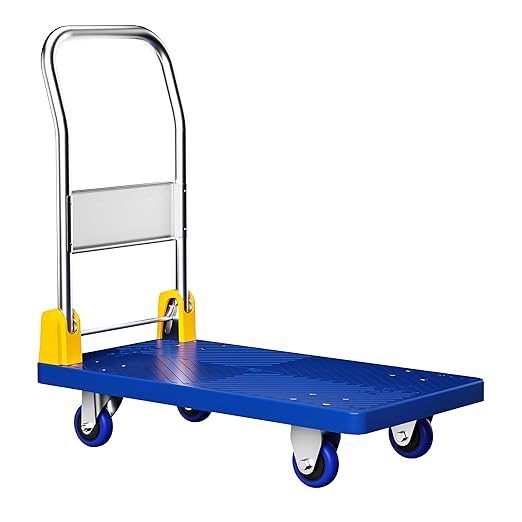Flat Push Cart Dolly, Foldable Flat Bed Cart,Platform Cart Truck with 4 Wheels,440lb Weight Capacity Folding Platform Truck with Handle for Moving and Loading,360 Degree Swivel,(Blue)