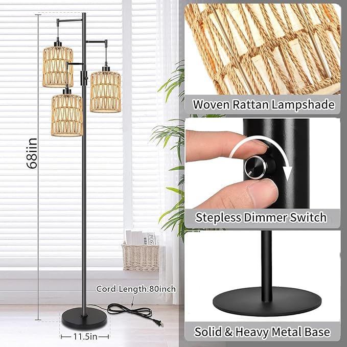 ZECOXOL Boho Floor Lamp for Living Room Bedroom-3 Light Dimmable Floor Lamp with Three Led Bulb, Rustic Tall Lamp Black Standing Lamp Tree Floor Lamps for Living Room Bedroom,Office,Corner