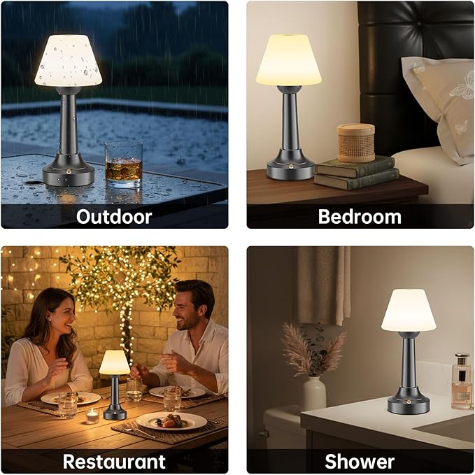 TRRMEZY Cordless Shower Lamp Waterproof, 18-Hour Rechargeable Battery Operated Outdoor Lamp, Dimmable Touch Table Lamp, IP65 Wireless LED Night Light for Bathroom Patio Camping Restaurant Bar Home