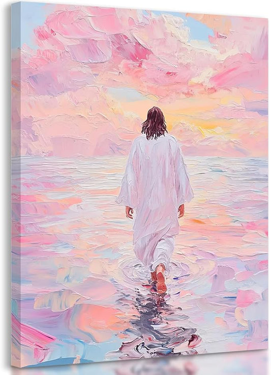 Jesus Wall Art, Pink Jesus Walking on Water Canvas Prints Painting, Christian Wall Decor Religious Poster Pictures Artwork for Living room Bedroom Church 12x16 in Framed