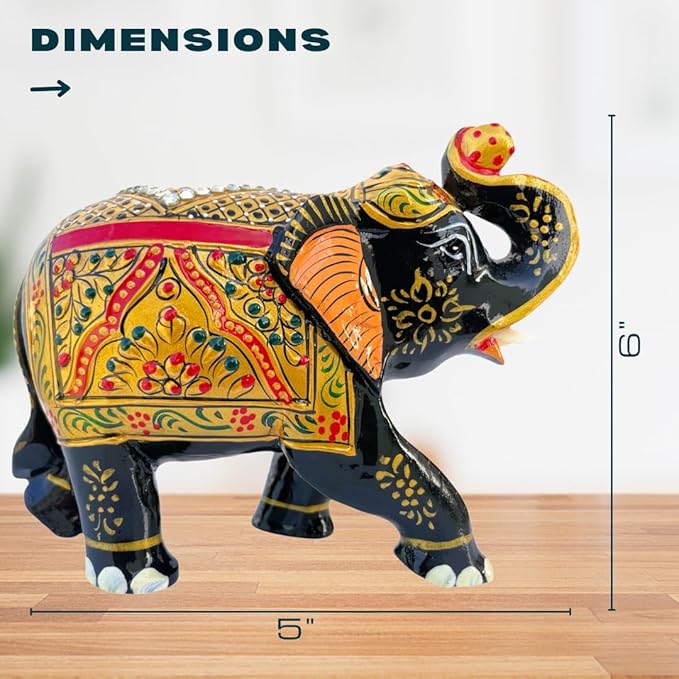 Handcrafted Wooden Elephant Figurine – Traditional Artwork, Gold & Gemstone Embellishments – Lucky Decorative Elephant Statue for Prosperity | Beautiful Elefantes Decorativos para Sala (Black & Gold)