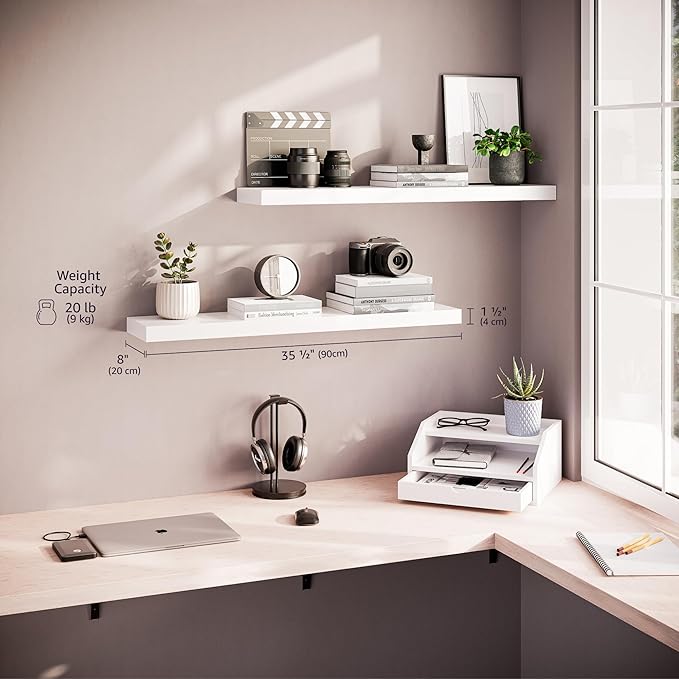 Ballucci Floating Shelves for Wall, 36" Wood Wall Shelf Set of 2, with Invisible Brackets for Bathroom, Living Room, Bedroom, Kitchen, Nursery, 8" Deep, White