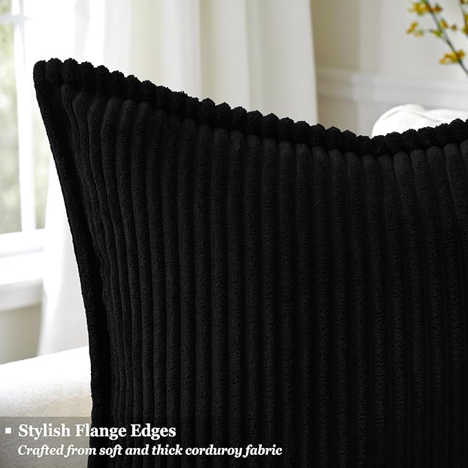 decorUhome Spring Corduroy Black Throw Pillow Covers 20x20 Set of 2 Decorative Soft Boho Farmhouse Couch Pillow Covers for Living Room Bed Sofa Broadside Striped Pillow Cases