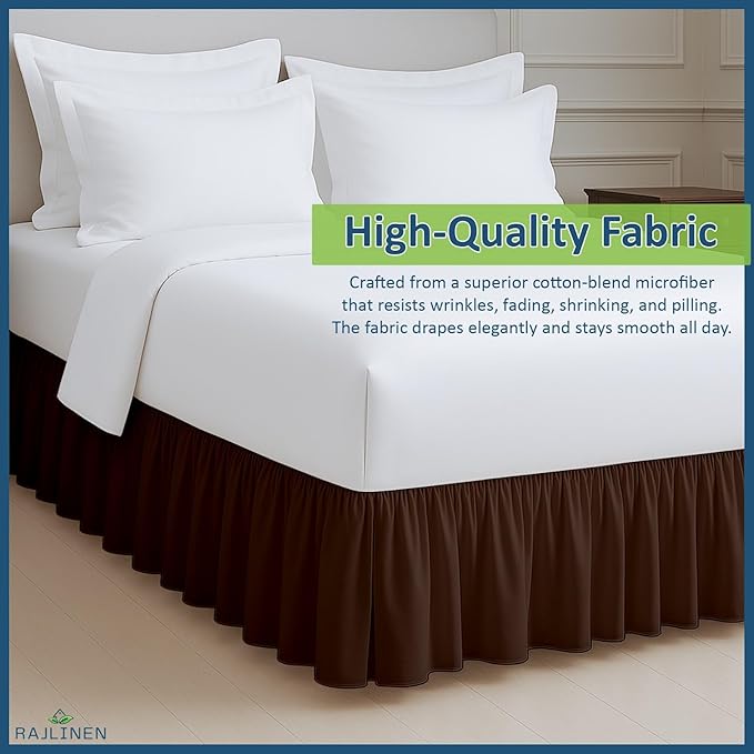 Rajlinen Ruffled Bed Skirt Queen, 8 Inch Drop Dust Ruffle with Split Corners, 100% Microfiber Bedskirt with Platform, Three-Sided Coverage Ruffled Gathering Design, Chocolate