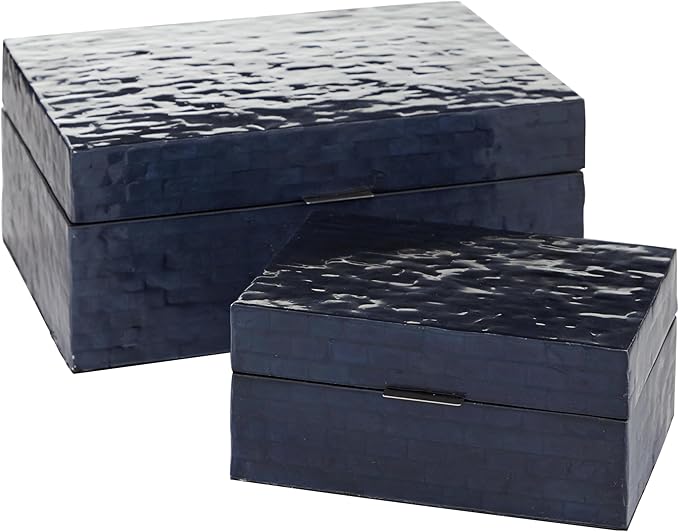 Deco 79 Mother of Pearl Shell Handmade Decorative Box Mosaic Storage Decorative Keepsake Boxes, Set of 2 Storage Boxes 5", 4"H, Dark Blue
