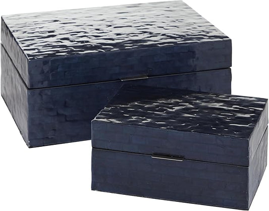 Deco 79 Mother of Pearl Shell Handmade Decorative Box Mosaic Storage Decorative Keepsake Boxes, Set of 2 Storage Boxes 5", 4"H, Dark Blue