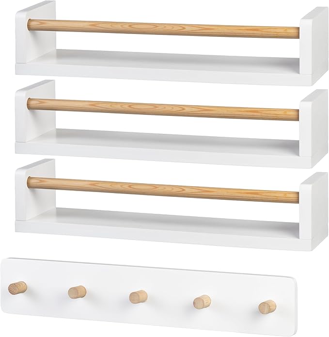 Nursery Floating Shelves with Hook Rack - 16.5 inch, Set of 4 Solid Wood Wall Storage for Books, Toys, Blankets, Clothes - Modern Kids Room, Nursery Decor (Snowy Alpine White)