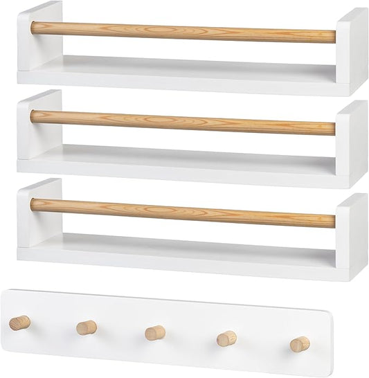 Nursery Floating Shelves with Hook Rack - 16.5 inch, Set of 4 Solid Wood Wall Storage for Books, Toys, Blankets, Clothes - Modern Kids Room, Nursery Decor (Snowy Alpine White)