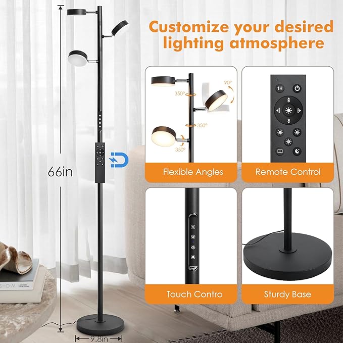 JUNNAI LED Tree Floor Lamp with Remote & Touch Control, 3 Heads Adjustable Dimmable Modern Floor Lamps with Timer, 4 Color Temperatures, Tall Standing Lamp for Living Room, Bedroom, Office, Black