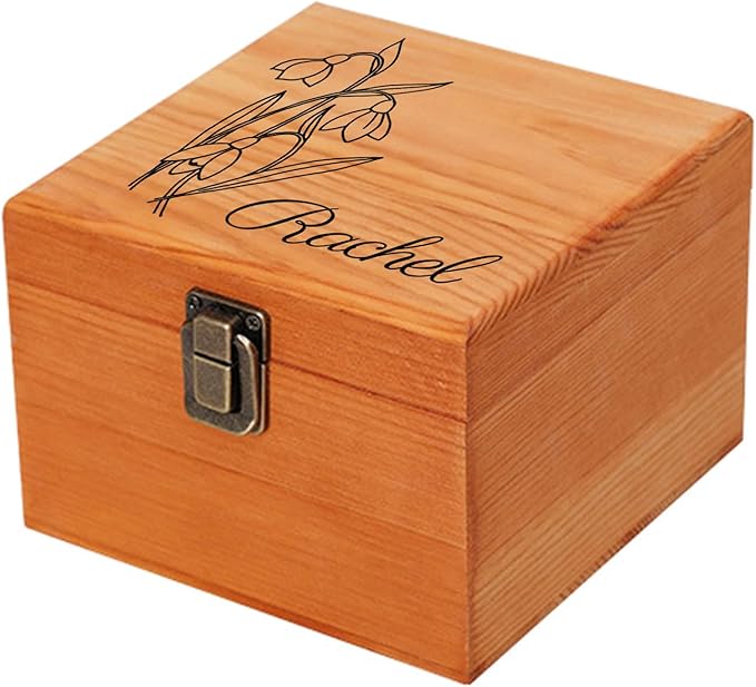 Personalized Wooden Keepsake Memory Box with Birth Flower & Name, Custom Wood Decorative Storage Box with Lids Customized Christmas Gift Box for Women Teen Girls Mom Birthday Gifts