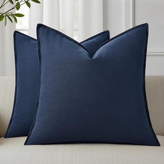 decorUhome Spring Decorative Linen Throw Pillow Covers 18x18 Inch Set of 2 Navy Blue Pillow Covers with Flange Edges Soft Farmhouse Boho Accent Pillow Cases for Couch Bed Living Room