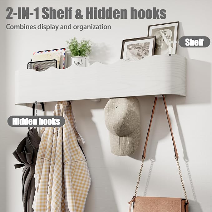 Coat Rack Wall Mount with Shelf 5 Hidden Hooks Modern Wooden Key Holder Entryway Organizer for Hallway Bedroom Bathroom Home Decor Storage for Hanging Coats Hats Bags Towels, Wave-Shape White