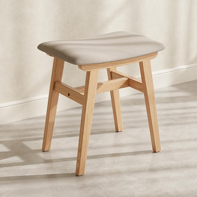 Solid Wood Vanity Stool, Compact Makeup Chair with Saddle Cushion, Linen-Covered High Rebound Sponge Seat, Easy Assembly Footstool for Bedroom, Entryway, Home, Natural