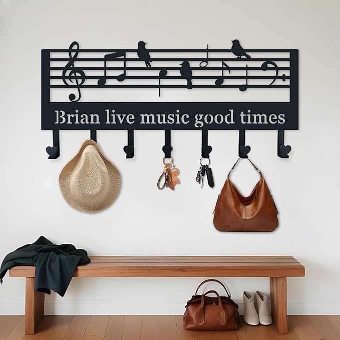 Key Holder for Wall, Custom Musical Notes Coat Keychain, Personalized Music Notes Coat Rack for Wall, Symbols Bird Art, Music Lover Gifts