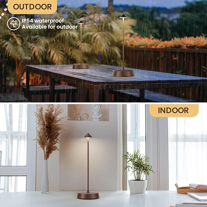 Cordless Table Lamps Rechargeable, 6000mAh LED Battery Operated Desk Lamp, Portable Outdoor Waterproof Touch Stepless Dimmable Wireless Table Light for Dining Restaurant Home Patio (Brown-2PC)