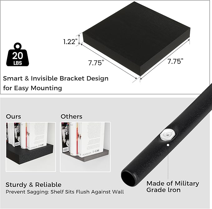 Square Floating Shelves for Wall 8"W x 8"D x 1.2"H, Small Engineered Wood Wall Shelves with Invisible Brackets for Living Room Bedroom Bathroom Office Kitchen Storage & Decor, Black Finish, Set of 3