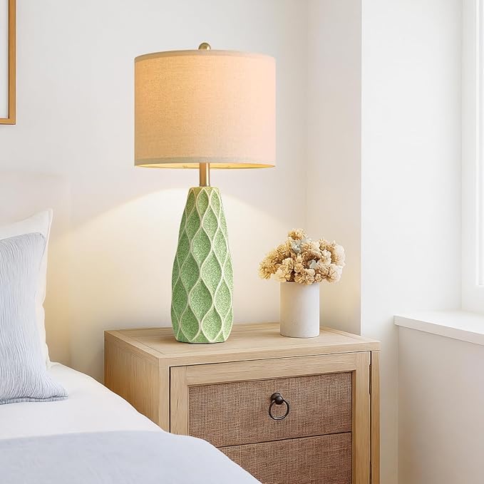 27.5" Ceramic Table Lamps for Living Room Bedroom Lamps Set of 2 Modern Boho Bedside Lamps Night Stands Farmhouse Vintage Large Nightstand Lamp Reading Light Home Office Dorm Desk Deco Gifts, Green