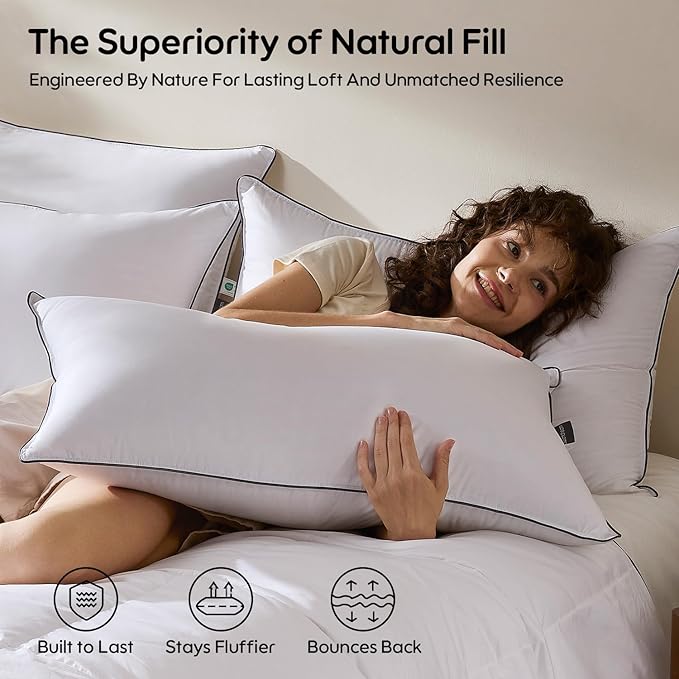 Swandream Goose Feather Down Fiber Standard Pillow Single Pack, Luxury 3-Chamber Pillows with Soft & Down-Proof Cover, Fluffy Plush Hotel Bed Pillows for Side, Back & Stomach Sleepers, 20"x26"