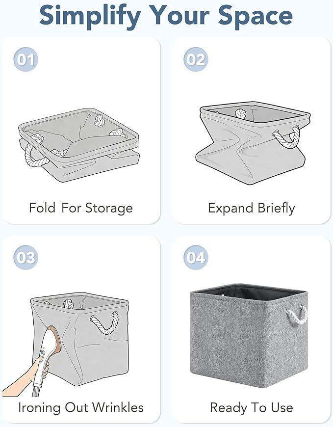 13x15x13 Storage Cube Bins, Heavy Duty Foldable Fabric Storage Bins with Handles and Metal Frame, 6 Pack Large Closet Organizer Bins for Clothes, Socks, Towels, Grey