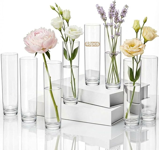 48 Pcs Acrylic Cylinder Bud Vases for Centerpieces, Acrylic Tall Flower Vase Clear Small Vases Bulk for Single Rose Table Centerpiece Wedding Home Decor Indoor Desk Office Party Decorations