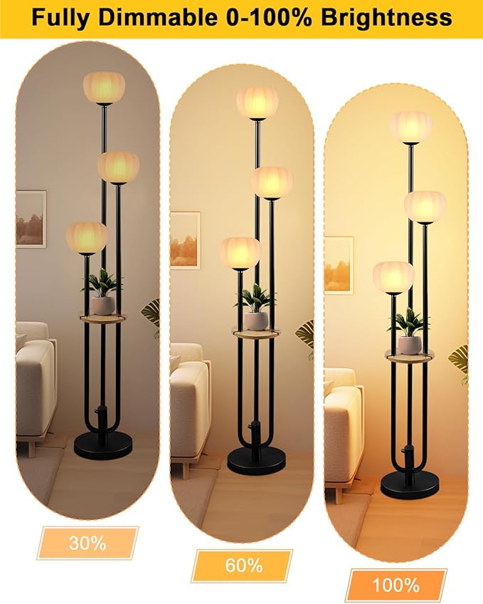 ACOHOOK Black Floor Lamp Dimmable Modern Floor Lamps with Pumpkin Lampshade & Table, 3000K Soft Warm White Bulbs Included, 3-Light Tall Standing Lamp for Living Room/Bedroom