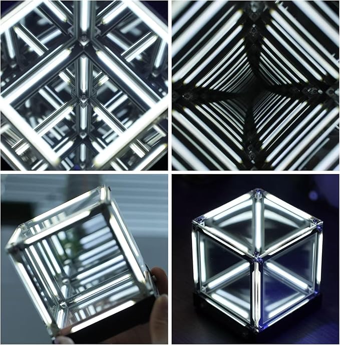 Infinity Cube Light, Infinity Mirror Cube 4D Acrylic Led Abyss Effect Touch Dimmable Rechargeable Mood Night Light for Gaming Desk Futuristic Decor (White)