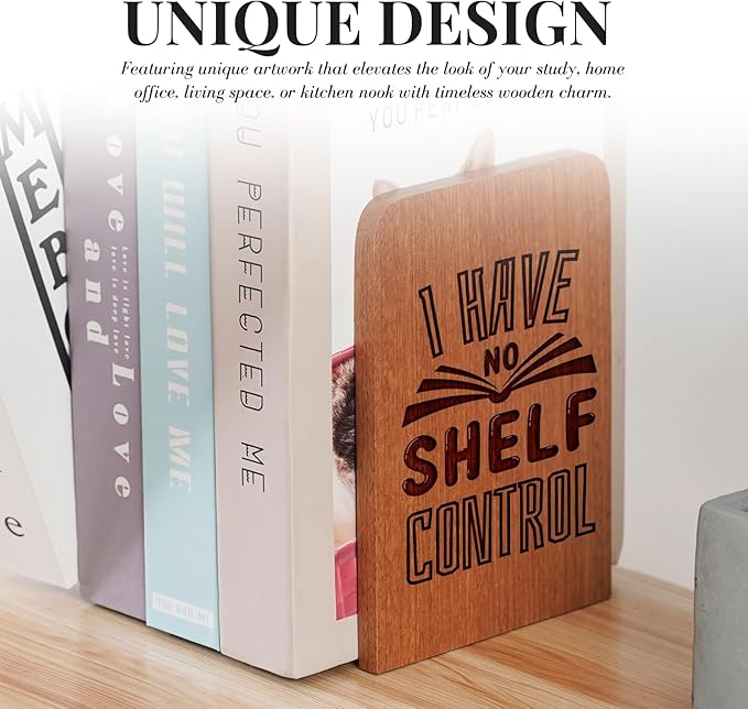 Book Lovers Gifts, Novelty Bookends Unique, Gifts for Book Lovers, Heavy Duty Wooden Book Ends for Shelves Decorative(1 Pair, 4.72x6.69 Inches) - No Control