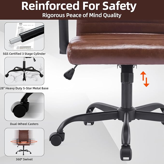 Haranuo Office Chair, Ergonomic Executive Conference Room Chairs, Ribbed Leather Desk Chair with Lumbar Support, Adjustable Height Mid-Back Swivel Chair with Padded Seat