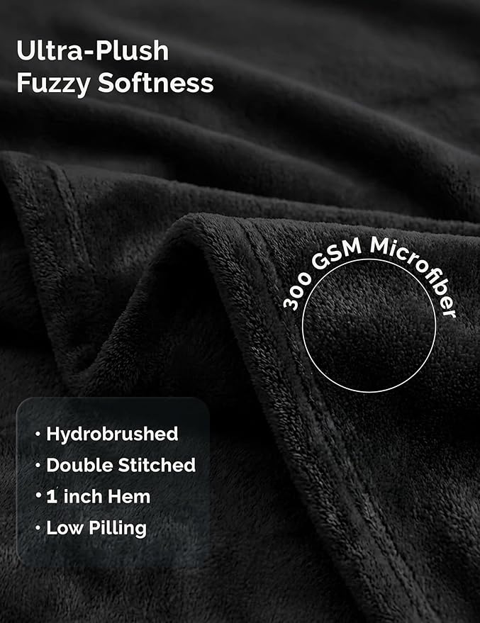 Casa Platino Fleece Throw Blankets – 300 GSM Black – Soft Cozy Warm Holiday Throws for Winter, Fuzzy Plush Elegant Gifts for Kids, Men & Women - Ideal for Couch, Sofa, Chair or Bed - 50x60 Inch