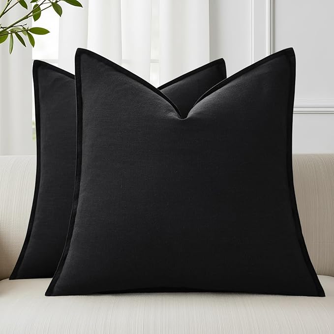 decorUhome Spring Decorative Linen Throw Pillow Covers 18x18 Inch Set of 2 Black Pillow Covers with Flange Edges Soft Farmhouse Boho Accent Pillow Cases for Couch Bed Living Room