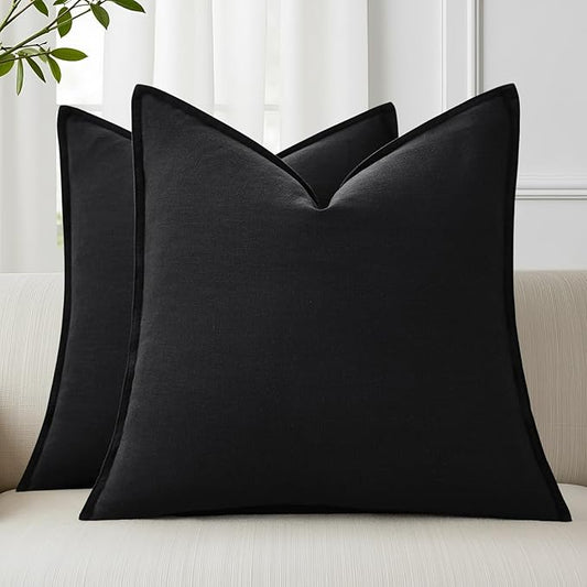 decorUhome Spring Decorative Linen Euro Sham Throw Pillow Covers 22x22 Inch Set of 2 Black Pillow Covers with Flange Edges Soft Farmhouse Boho Accent Pillow Cases for Couch Bed Living Room