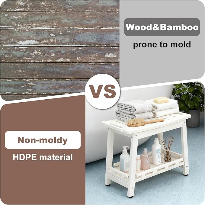 Large HDPE Shower Bench Seat for Shaving Legs, Waterproof Shower Stool with Storage Shelf for Bathroom, White