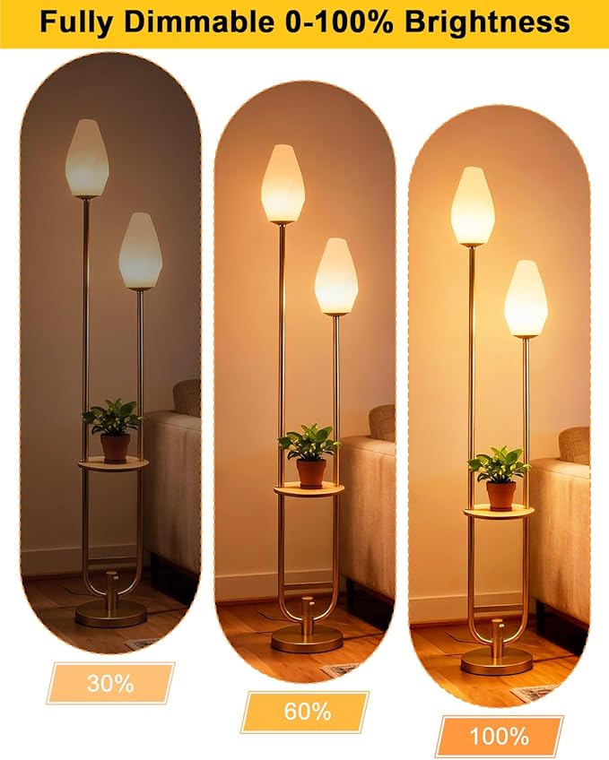 Lightdot 63IN Gold Floor Lamp with Shelf, Mid Century U-Shaped Tall Standing Lamps with 2 Rock-Shaped Lampshades, 3000K Warm White Unique Modern Dimmable Floor Lamp for Living Room/Bedroom
