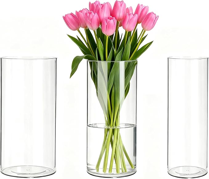 3 Pack Acrylic Cylinder Vases, Non-breakable Vase for Centerpieces, 8 inch Tall Clear Flower Vase Bulk Floating Candle Holder for Wedding Table Home Decor and Party