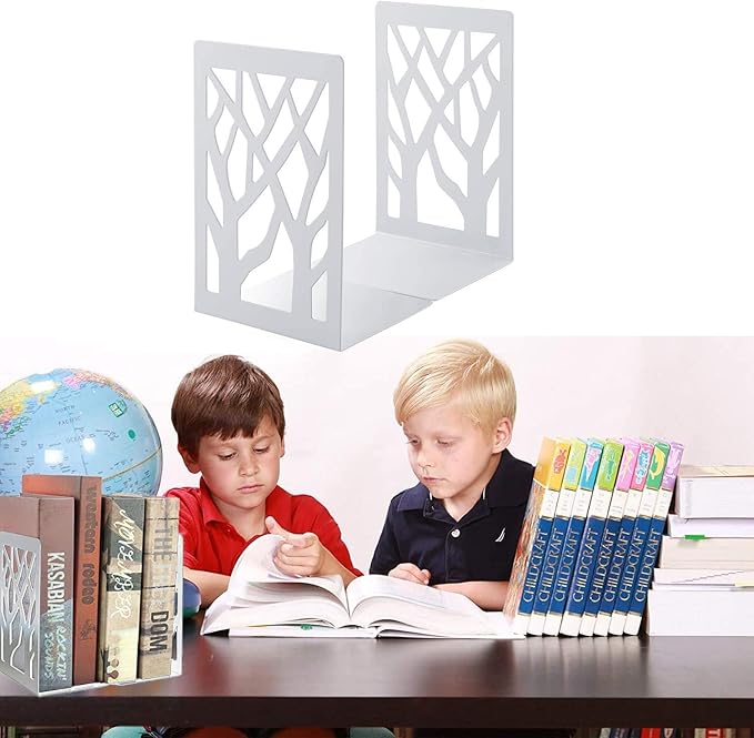 MSDADA Book Ends, Bookends, Book Ends for Shelves, Bookends for Shelves, Book Ends for Heavy Books, Book Shelf Holder Stand for Home Decorative，Metal Bookends Stoppers, White(2 Pairs)